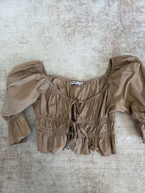 NA-KD Cropped Puff Sleeve Tie-Front Blouse in Tan